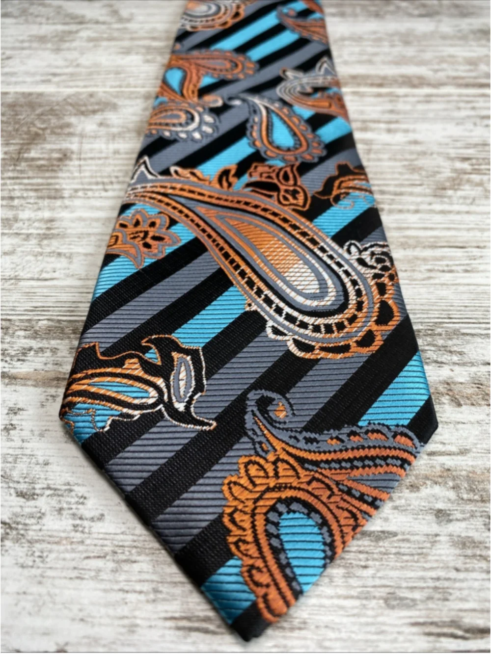 HISDERN Silk Necktie Teal Orange Blue Paisley Striped Modern Mens Tie 60